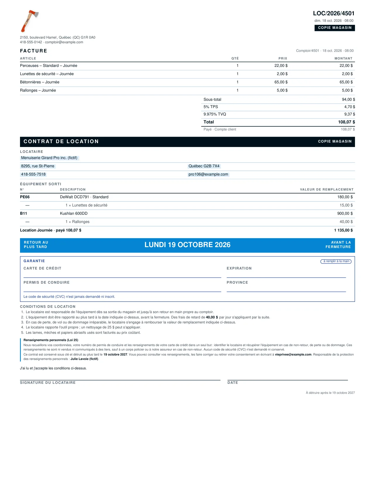 Printed rental contract with invoice, return date, deposit and Law 25 privacy notice