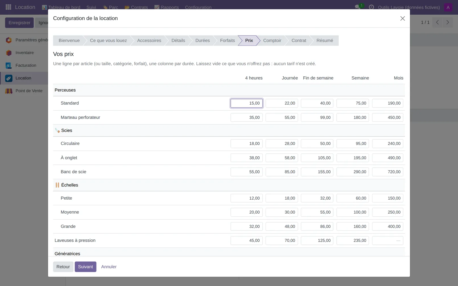 The wizard's price grid: one column per duration, one row per tool category