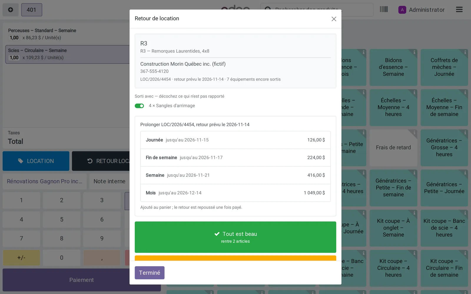 Extending a rental at the counter: each duration with the new return date and its price
