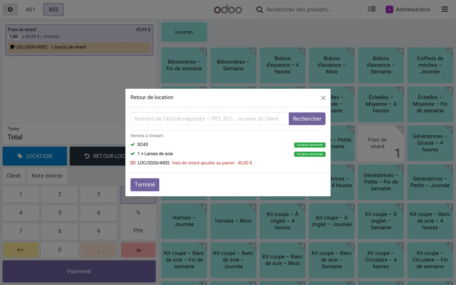 Return of a late tool: late fees are added to the cart automatically