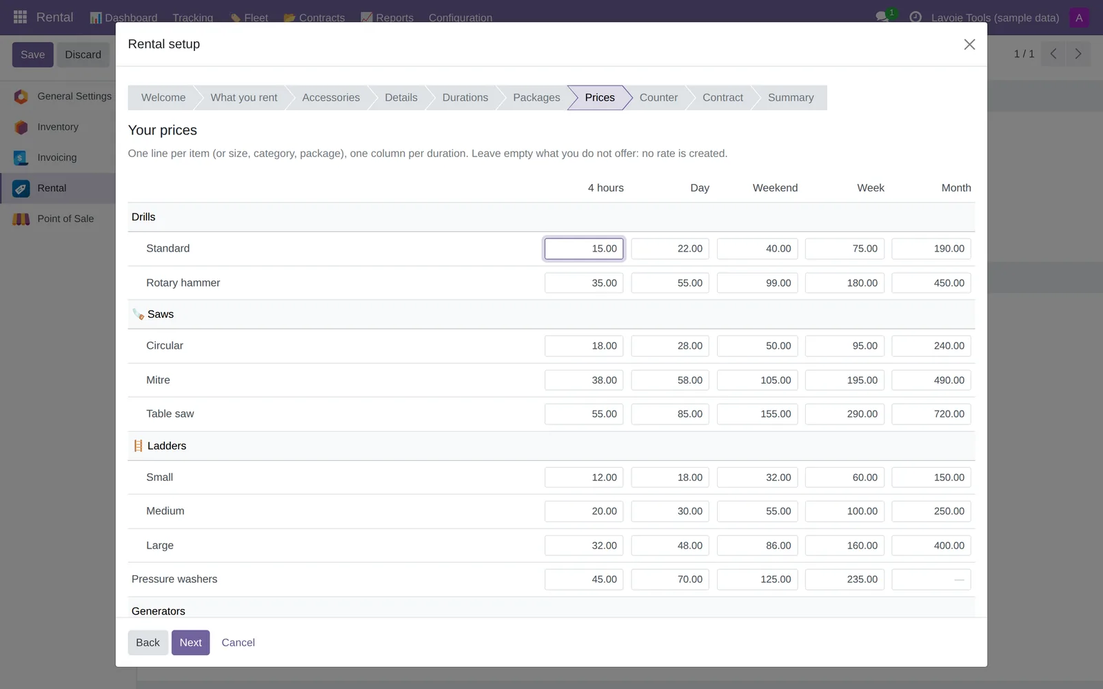 The wizard's price grid: one column per duration, one row per tool category