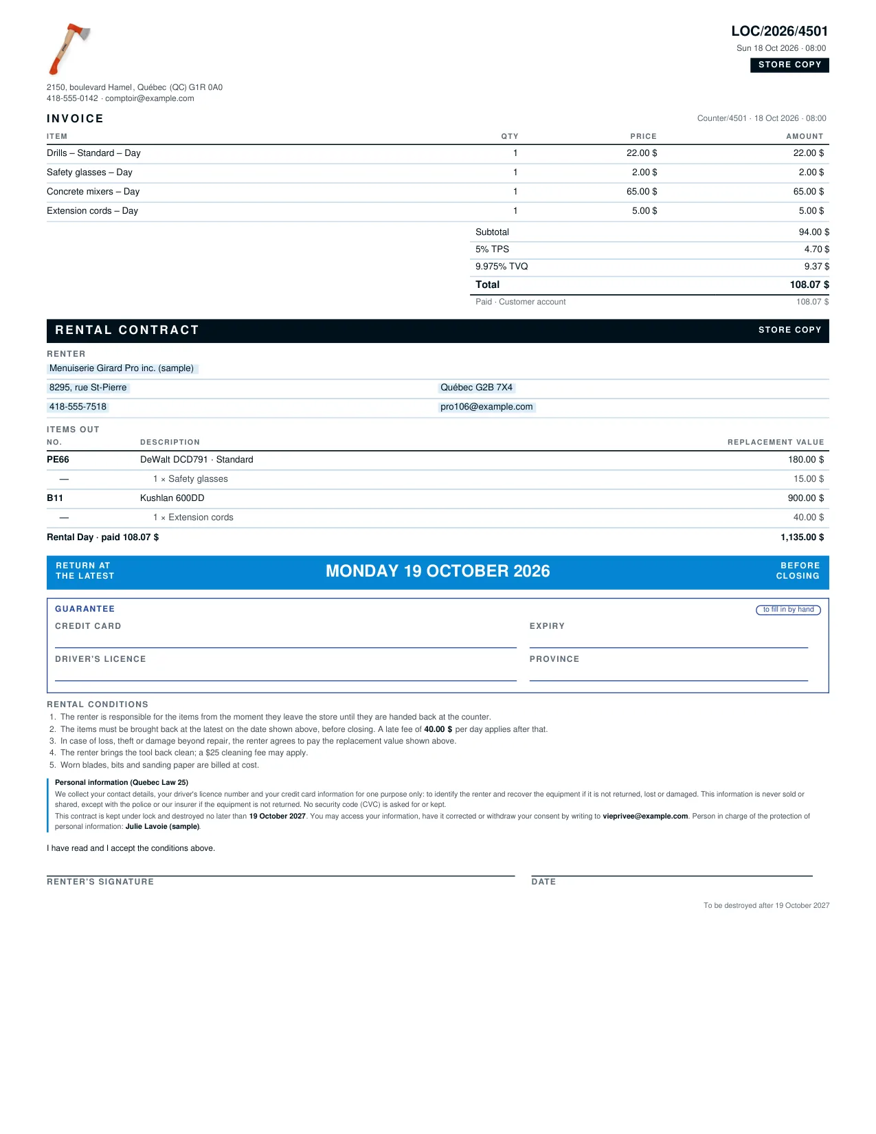 Printed rental contract with invoice, return date, deposit and Law 25 privacy notice