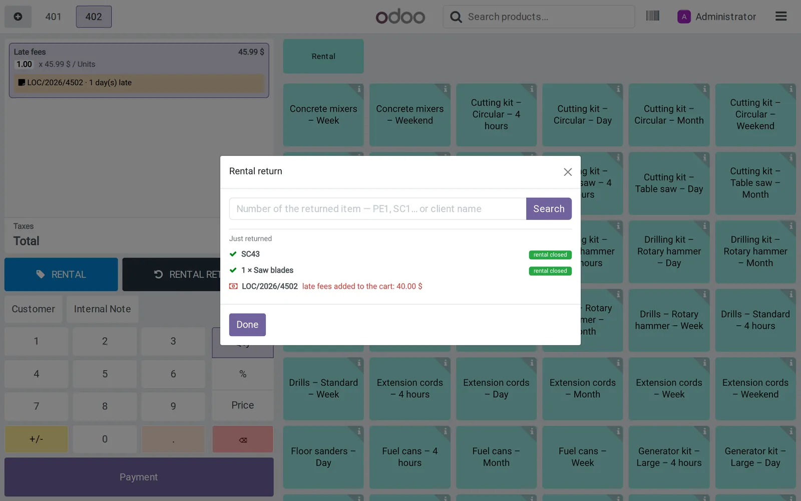 Return of a late tool: late fees are added to the cart automatically